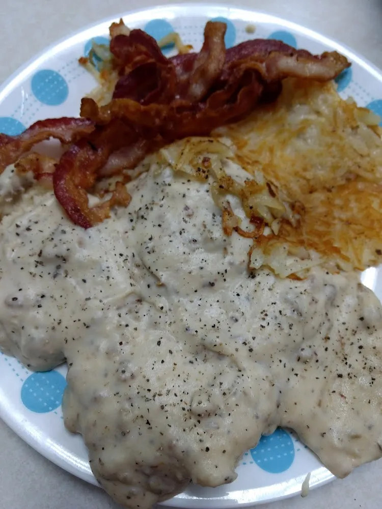 Biscuits Gravy Hash Rows and Bacon